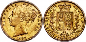 Victoria gold "Shield" Sovereign 1887-M AU58 PCGS, Melbourne mint, KM6, S-3864A. A lovely example of this rare date nearly possessing the in-hand feel...