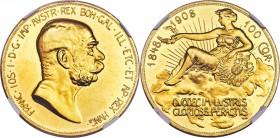 Franz Joseph I gold Proof 100 Corona 1908 PR61 NGC, Kremnitz mint, KM2812, Fr-514. Struck in honor of the 60th anniversary of Franz Joseph's reign. A ...