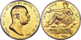 Franz Joseph I gold 100 Corona 1908 AU58 PCGS, Kremnitz mint, KM2812, Fr-514. 60th Anniversary of reign issue. This well-struck example displays light...