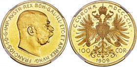 Franz Joseph I gold Proof 100 Corona 1909 PR61 Cameo NGC, KM2819. Obv. Bare head of Franz Joseph I right. Rev. Crowned arms dividing value (100-Cor.),...