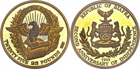 Republic gold Proof 25 Pounds 1969 PR62 Ultra Cameo NGC, KM11. Mintage: 3,000. Struck to commemorate the 2nd anniversary of Independence, featuring a ...