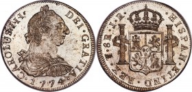 Charles III 8 Reales 1774 PTS-JR MS62 PCGS, Potosi mint, KM55. Intensely frosty and exhibiting highly reflective fields and a bust of Charles III that...