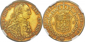 Charles IV gold 4 Escudos 1792 PTS-PR XF45 NGC, Potosi mint, KM80, Fr-15. A pleasingly toned example, displaying moderate, even wear and an enchanting...