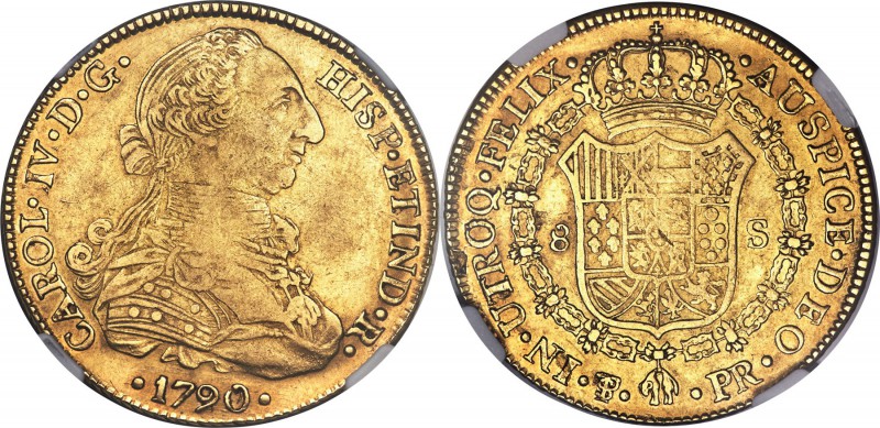 Charles IV gold 8 Escudos 1790/89 PTS-PR AU50 NGC, Potosi mint, KM68, Fr-6. Tran...