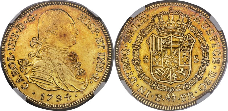 Charles IV gold 8 Escudos 1794 PTS-PR AU55 NGC, Potosi mint, KM81, Fr-14. Lustro...