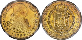 Charles IV gold 8 Escudos 1794 PTS-PR AU55 NGC, Potosi mint, KM81, Fr-14. Lustrous for the grade and exhibiting a strong undercurrent of sunset tone o...