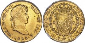 Ferdinand VII gold 8 Escudos 1823 PTS-PJ AU Details (Cleaned) NGC, Potosi mint, KM91, Onza-1307. An example of this more difficult type showing good d...