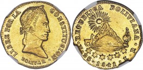 Republic gold 2 Scudos 1841 PTS-LR AU58 NGC, Potosi mint, KM106. A near Mint State representative of this singular Bolivar issue, with sharp, rose-hue...