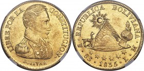 Republic gold 8 Scudos 1835 PTS-LM MS62+ NGC, Potosi mint, KM99, Fr-21. Admirably rendered, exhibiting glistening aurous fields free of significant di...