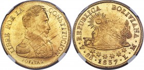 Republic gold 8 Scudos 1837 PTS-LM MS61 NGC, Potosi mint, KM99, Fr-21, Onza-1583. This scarce type featuring a fittingly grand uniformed bust of Boliv...