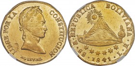 Republic gold 8 Scudos 1841 PTS-LR AU55 NGC, Potosi mint, KM108.2. Small bust. A subtly toned example with a tremendous amount of luster that still ma...