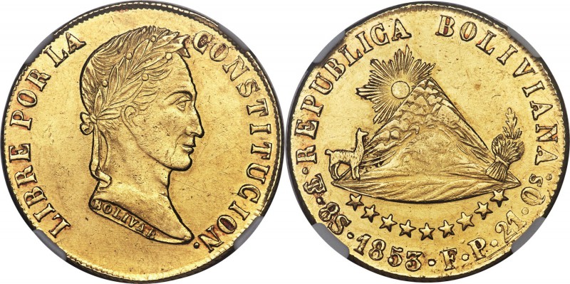 Republic gold 8 Scudos 1853 PTS-FP AU Details (Cleaned) NGC, Potosi mint, KM116....