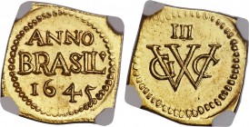 Pernambuco. Geoctroyeede West-Indische Compagnie (GWC) gold Klippe 3 Guilders (Florins) 1645 MS63 NGC, KM5.3, Fr-3, LMB-1. 1.89gm. A phenomenally well...