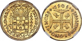Pedro II gold 4000 Reis 1705-R AU58 NGC, Rio de Janeiro mint, KM101, LMB-36. A scarce earlier date and type. Lustrous with minimal handling in the fie...