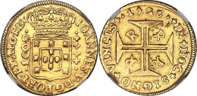 João V gold 1000 Reis 1726-R AU50 NGC, Rio de Janeiro mint, KM103, LMB-155, Gomes-90.02. A much better offering of the type than is usually seen, bene...