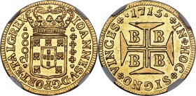 João V gold 2000 Reis 1715-B MS60 NGC, Bahia mint, KM105, LMB-054. Struck to impressive sharpness, with flashy golden luster. From the Santa Cruz Coll...