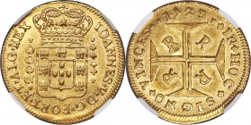 João V gold 2000 Reis 1723-R AU55 NGC, Rio de Janeiro mint, KM112, LMB-156. Lightly toned down from circulation, yet exhibiting a sound strike with a ...