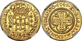 João V gold 2000 Reis 1749-(L) MS62 NGC, Lisbon mint, KM163, LMB-291. Exceptionally well-preserved, only a single example at NGC grades finer at MS63....