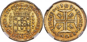 João V gold 4000 Reis 1709-R AU58 NGC, Rio de Janeiro mint, KM102, LMB-176. Noticeably well struck, with handsomely toned surfaces and near-Mint State...