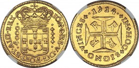 João V gold 4000 Reis 1714-R UNC Details (Saltwater Damage) NGC, Rio de Janeiro mint, KM102, Fr-27, LMB-166. Medal rotation. A delightful likely sea-s...
