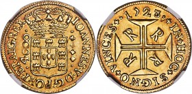 João V gold 4000 Reis 1723/2-R MS61 NGC,  Rio de Janeiro mint, KM102, Fr-27. Medal rotation. Displaying a clear overdate with a 2 under the 3 for the ...