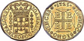 João V gold 4000 Reis 1725-B MS61 NGC, Bahia mint, KM106, Fr-30, Gomes-103.12. Strongly rendered detail is enhanced by bright flashy luster in this of...