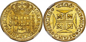 João V gold 4000 Reis 1725-M AU55 NGC, Minas Gerais mint, KM115, LMB-241. A very rare example of this mint and date, which ties for finest certified o...