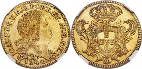 João V gold 6400 Reis 1742-R AU50 NGC, Rio de Janeiro mint, KM149, LMB-217. A soft velveteen finish and accenting touches of charcoal and clay red wit...