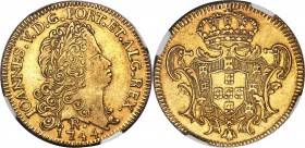 João V gold 6400 Reis 1744-R AU55 NGC, Rio de Janeiro mint, KM149, LMB-219. A satiny example toned to a brassy gold hue with the legends and central d...