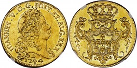 João V gold 6400 Reis 1744-B XF45 NGC, Bahia mint, KM151, LMB-144. Brass-gold with a subtle hint of amber in the fields. From the Santa Cruz Collectio...