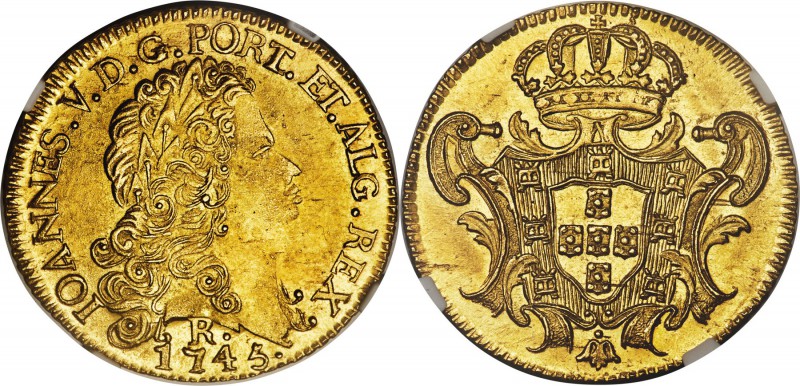 João V gold 6400 Reis 1745-R MS64 NGC, Rio de Janeiro mint, KM149, LMB-220. Exce...