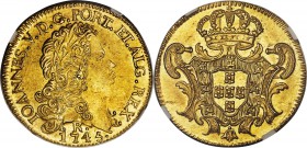 João V gold 6400 Reis 1745-R MS64 NGC, Rio de Janeiro mint, KM149, LMB-220. Exceptionally frosty throughout, an appearance likely owed to its cracklin...