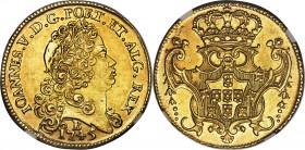 João V gold 6400 Reis 1745-B AU Details (Reverse Scratched) NGC, Bahia mint, KM151, LMB-144. A commendably struck example which shows only a small deg...
