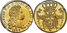 João V gold 6400 Reis 1748-B AU55 NGC, Bahia mint, KM151, LMB-148. Hailing from a rarer mint for the type (its production supposedly 1/10th of that of...