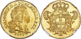 João V gold 6400 Reis 1749-R AU58 NGC, Rio de Janeiro mint, KM149, Fr-46, LMB-224. An offering that shows exceedingly little wear. A delightful gleam ...