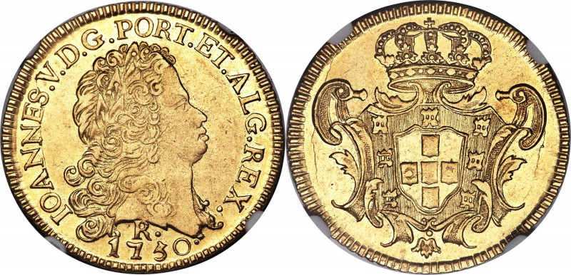 João V gold 6400 Reis 1750-R AU50 NGC, Rio de Janeiro mint, KM149, LMB-225. Hand...