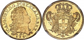 João V gold 6400 Reis 1750-R AU50 NGC, Rio de Janeiro mint, KM149, LMB-225. Handsomely rendered, with an imposing rim framing the central areas. From ...