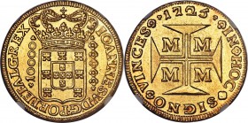 João V gold 10000 Reis 1725-M MS62 NGC, Minas Gerais mint, KM116, Fr-34, LMB-245. A striking example exhibiting an impressive fullness of detail, with...