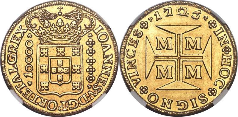 João V gold 10000 Reis 1725-M AU58 NGC, Minas Gerais mint, KM116, Fr-34, LMB-245...