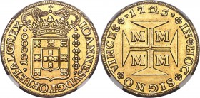 João V gold 10000 Reis 1725-M AU58 NGC, Minas Gerais mint, KM116, Fr-34, LMB-245. Fully struck, with near-perfect centering yielding an overall impres...