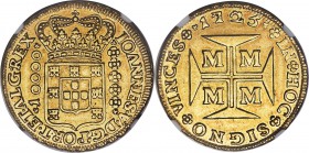 João V gold 10000 Reis 1725-M AU55 NGC, Minas Gerais mint, KM116, Fr-34, LMB-245. Boldly struck with a glowing luster within the fields containing sof...