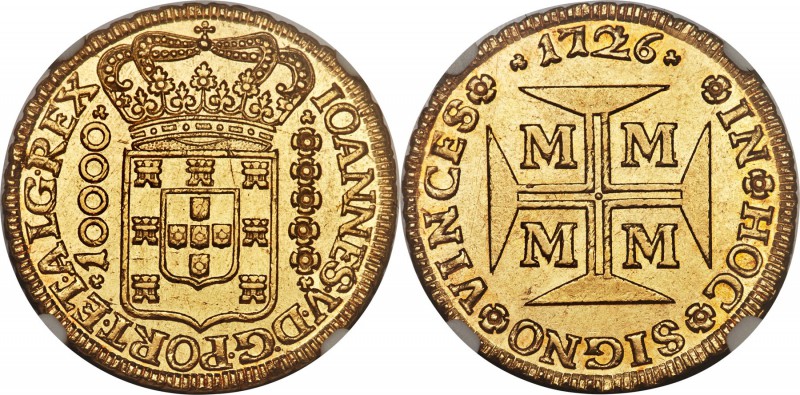 João V gold 10000 Reis 1726-M MS61 NGC, Minas Gerais mint, KM116, Fr-34, LMB-246...