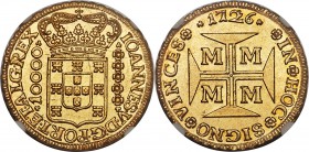 João V gold 10000 Reis 1726-M MS61 NGC, Minas Gerais mint, KM116, Fr-34, LMB-246. Of standout quality for the type, this pale gold offering was produc...