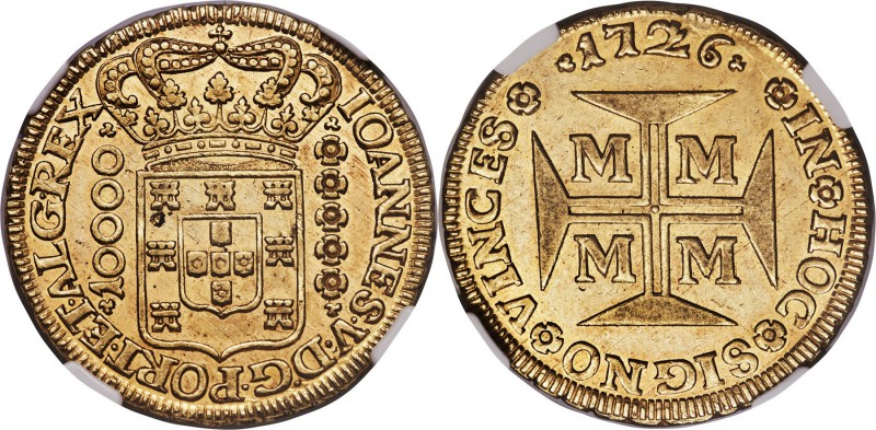 João V gold 10000 Reis 1726-M AU58 NGC, Minas Gerais mint, KM116, Fr-34, LMB-246...