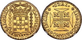 João V gold 10000 Reis 1727-M UNC Details (Cleaned) NGC Minas Gerais mint, KM116, LMB-247, Gomes-104.04. Flawlessly centered with well-defined dentila...