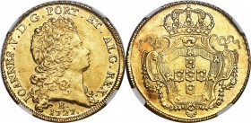 João V gold 12800 Reis 1727-B AU55 NGC, Bahia mint, KM141, LMB-85. A thoroughly satisfying large gold denomination, difficult to obtain in any grade. ...