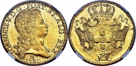 João V gold 12800 Reis 1730-M MS61 NGC, Minas Gerais mint, KM139, LMB-286. A bright example of this large-denomination gold piece, fully-struck with a...