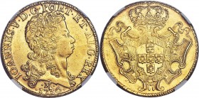 João V gold 12800 Reis 1730-M AU53 NGC, Minas Gerais mint, KM139, LMB-286. Pleasingly cabinet toned, with a resulting honeyed warmth radiating from th...