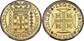 João V gold 20000 Reis 1724-M AU58 NGC, Minas Gerais mint, KM117, LMB-248. The inaugural year from this elusive issue, and the key date for the series...