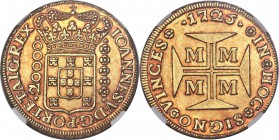 João V gold 20000 Reis 1725-M MS62 NGC, Minas Gerais mint, KM117, LMB-249. Simply stunning, the surfaces of this magnificent specimen erupt with fiery...